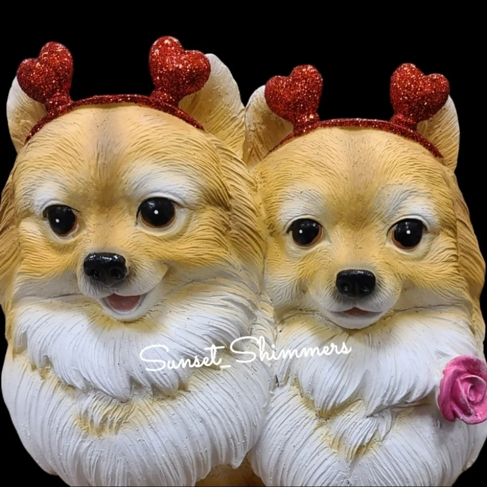 Valentines Pomeranian Pom Dogs Hearts & Rose Resin Figure Statue Decor